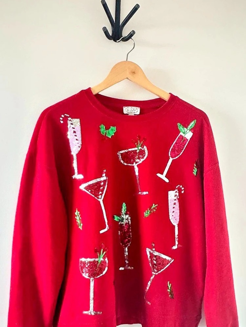 Mud Pie Sequin Cocktail Holiday Sweatshirt Red S/M